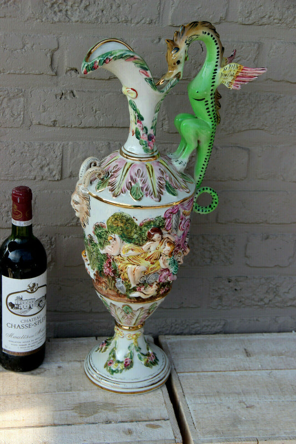 Rare Italian Capodimonte marked porcelain Ewer pitcher vase putti dragon gothic