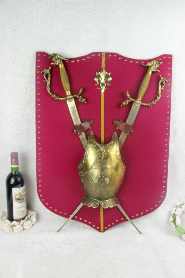 Vintage French fleur de lys dragon gothic armor shield wall red velvet 1970