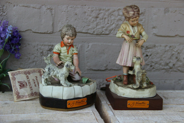 gianni visentin capodimonte marked pair figurine statue boy girl with dog marked