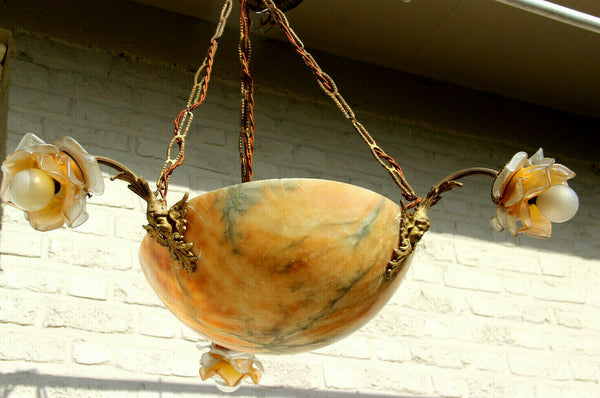Antique French art nouveau Alabaster amber bowl Caryatid putti heads chandelier