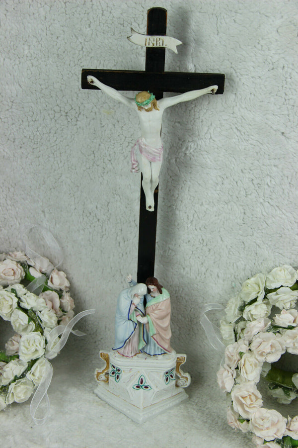 Antique Religious vieux paris  porcelain Crucifix Cross christ Mary magdalena