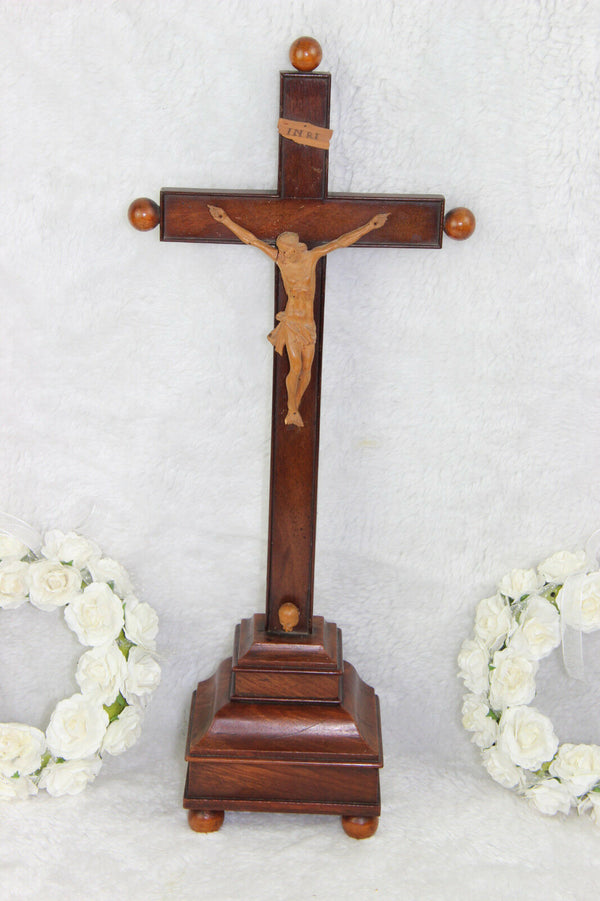 Antique French 1880 Wood carved Basswood Christ crucifix religious