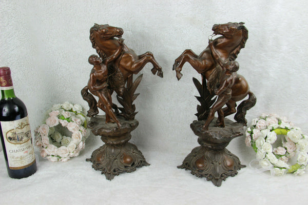 PAIR antique French Marly horses spelter bronze statue attr. Coustou