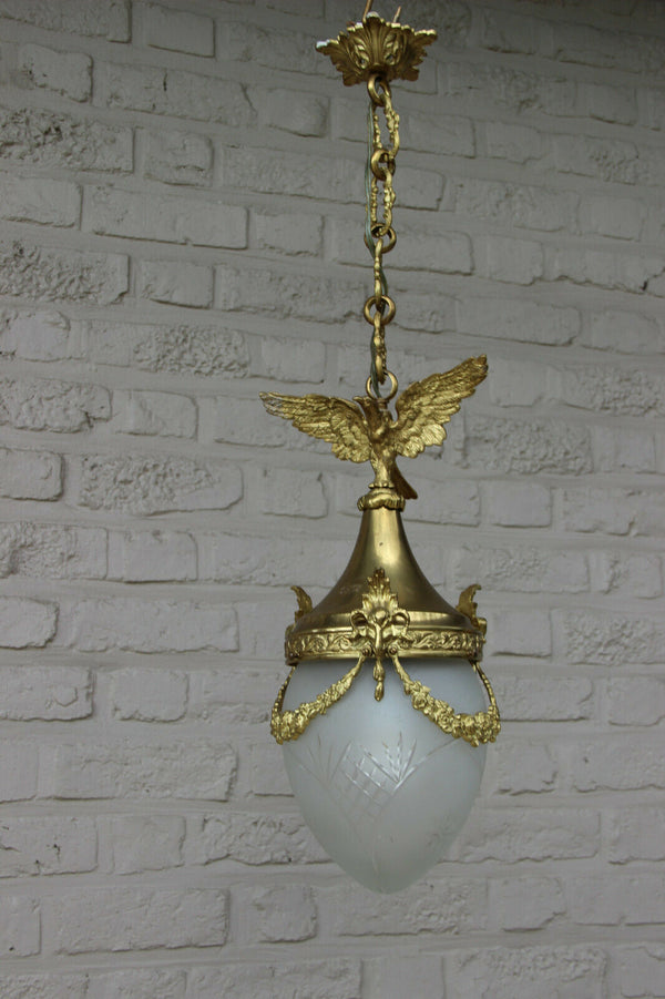 Antique French hall lantern chandelier Eagle ram heads crystal glass shade