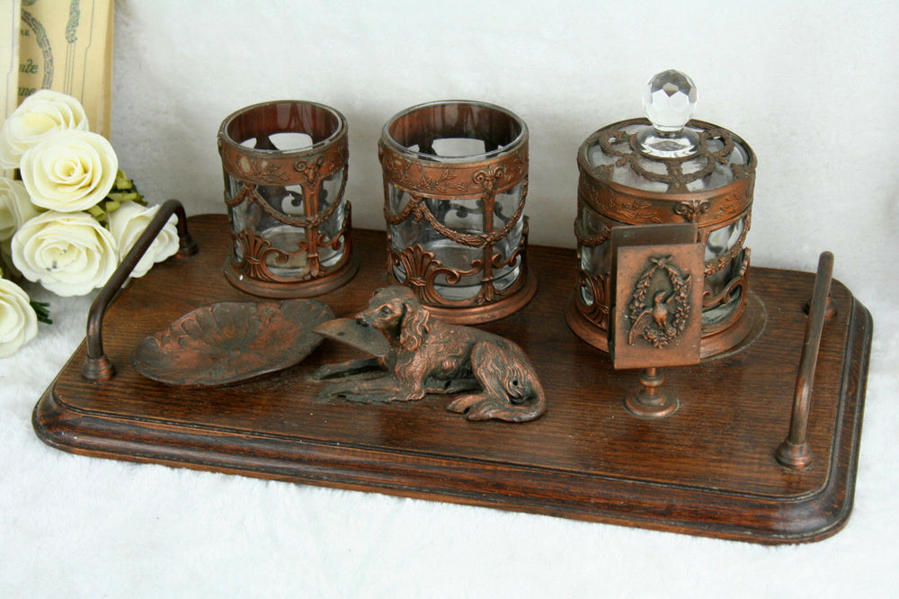 Unusual French 60's Spelter bronze Hunting dog ram heads smoking set cigarettes