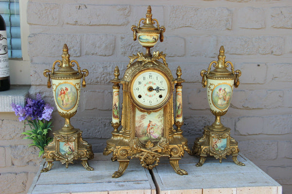 French Porcelain Clock set urns vases victorian romantic scenes