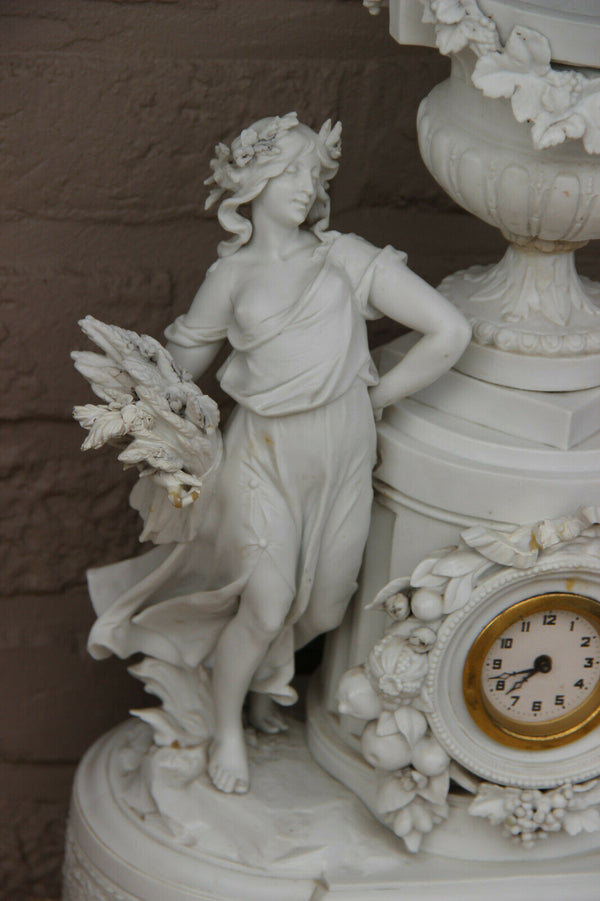 Huge Antique german Bisque porcelain group nymph Clock vase