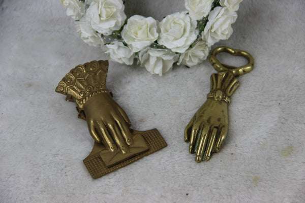 PAIR vintage French bronze desk paper clip holder and weight hand form