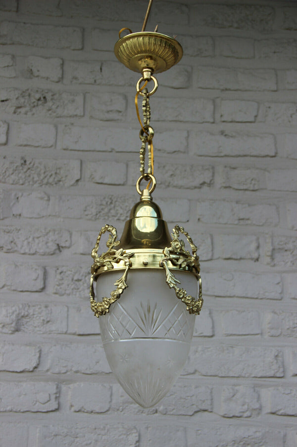 FRench Hall lantern chandelier brass crystal val saint lambert acorn shade
