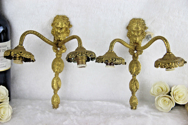 PAIR french brass Devil faun satyr head portrait sconces wall lights 1950's