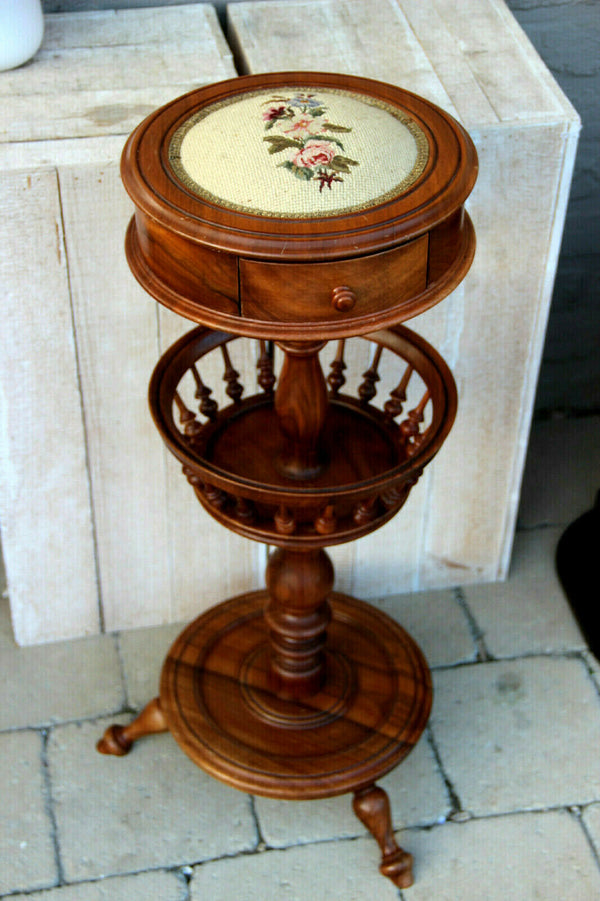 Stunning Vintage wood French Sewing Table stand needlepoint Floral top Drawer