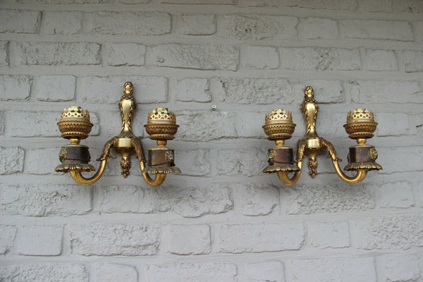 PAIR Vintage brass metal wall lights sconces double arm lion heads 1970