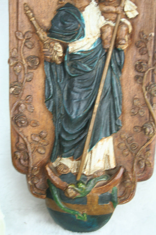 Flemish Ceramic wall madonna polychrome snake marked religious
