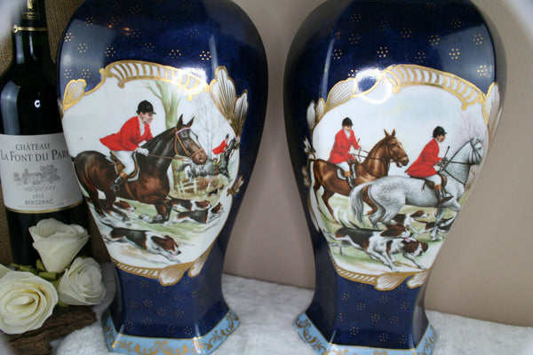PAIR  French vases in Limoges porcelain hunting dogs horses scene marked