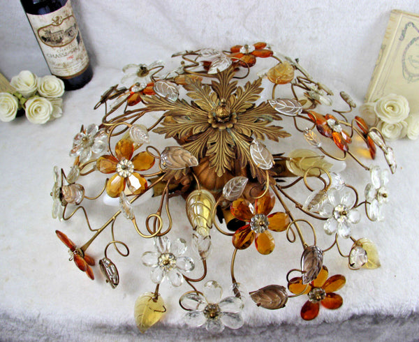 French Mid-Century Cut Amber Crystal Floral Pendant Chandelier Maison Baguès