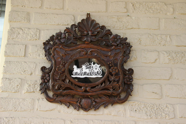 Antique XL Black Forest Wood carved letter holder Bruges LAce carriage 1881