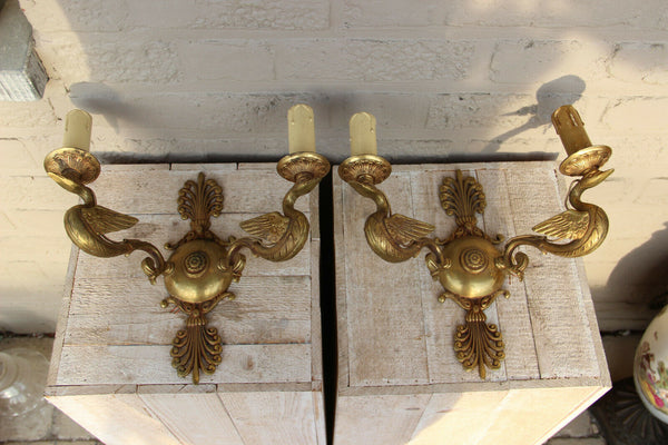 PAIR French bronze empire Swan figurine animal Wall lights sconces