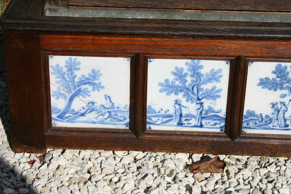 XXL unusual Antique 19thc Blue white DELFT pottery tiles Wood oak planter