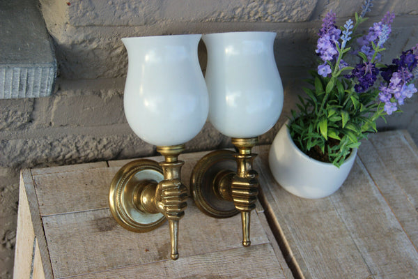 PAIR mid century Maison jansen bronze hand sconces wall lights opaline shades