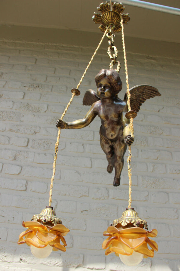 Antique French bronze angel putti pendant chandelier amber tulip shades 1900