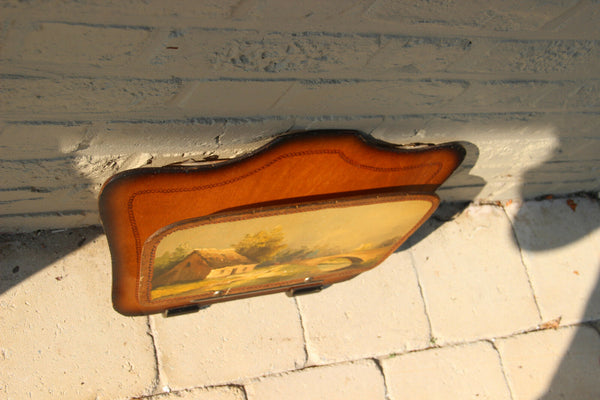 French antique wood wall letter holder hand paint landscape house painting 1920