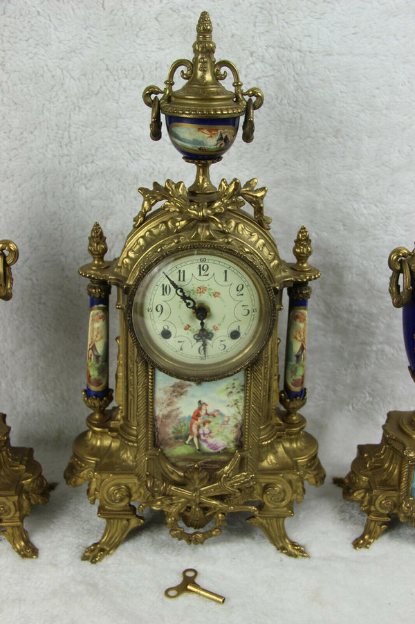 Gorgeous French Porcelain victorian scene Clock set candelabras urns FHS
