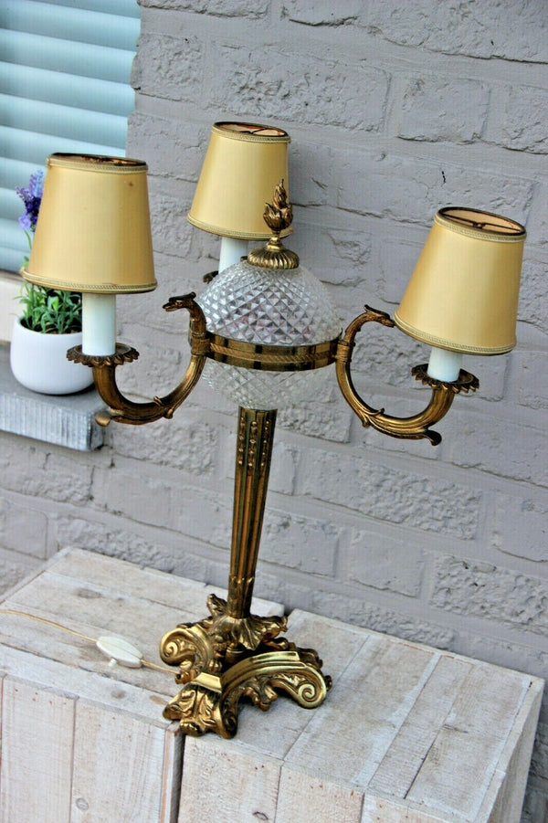 LARGE French antique empire bronze swan 3 arm Lamp glass globe lion paws