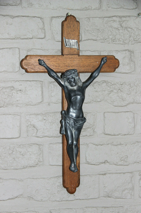 antique french religious metal and wood  crucifix