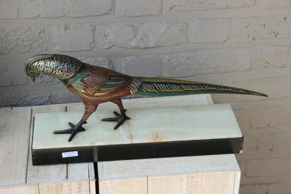 French ART DECO 1930 Spelter bronze pheasant marble polychrome marked