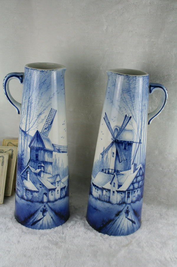 PAIR XXL exclusive DELFT Ceramic pottery pitchers jars mill scenes 1920 Holland