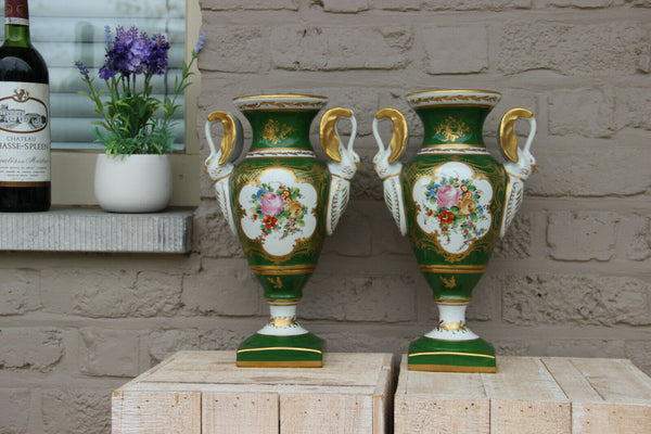 Antique Pair French vieux paris porcelain Floral vases Empire swan handle