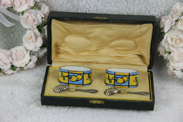 Antique French Limoges marked salt pepper pots porcelain spoon in box