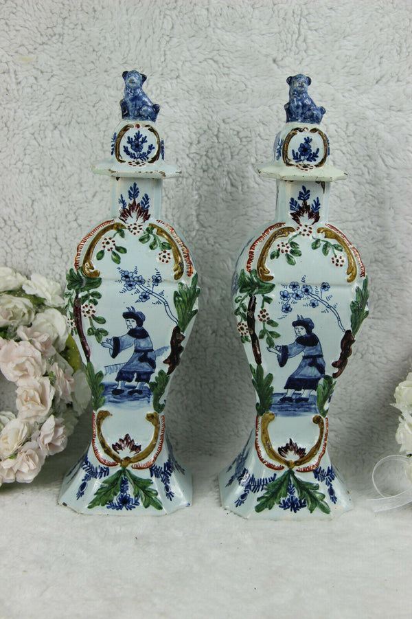 PAIR 18thc antique DELFT pottery chinoiserie foo dog lid vases marked