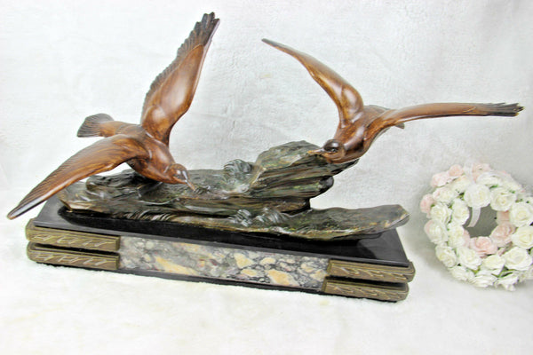 Large French 1930 art deco marble spelter bronze birds statue sculpture