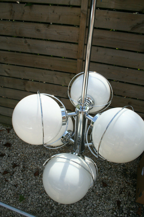 Retro Mid-century Chrome 7 opaline glass globes sputnik atomic chandelier 70's