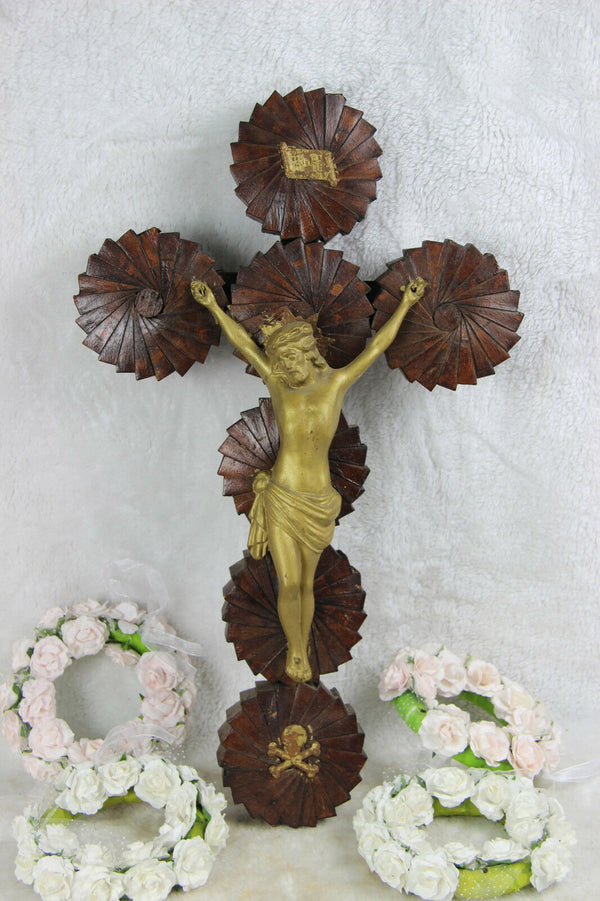 Antique French Wood cardboard French crucifix cross religious