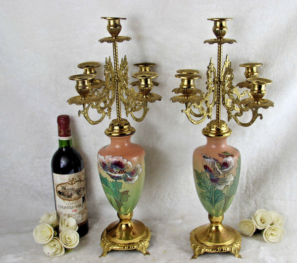 PAIR French faience art nouveau flowers floral decor candelabras candle holders