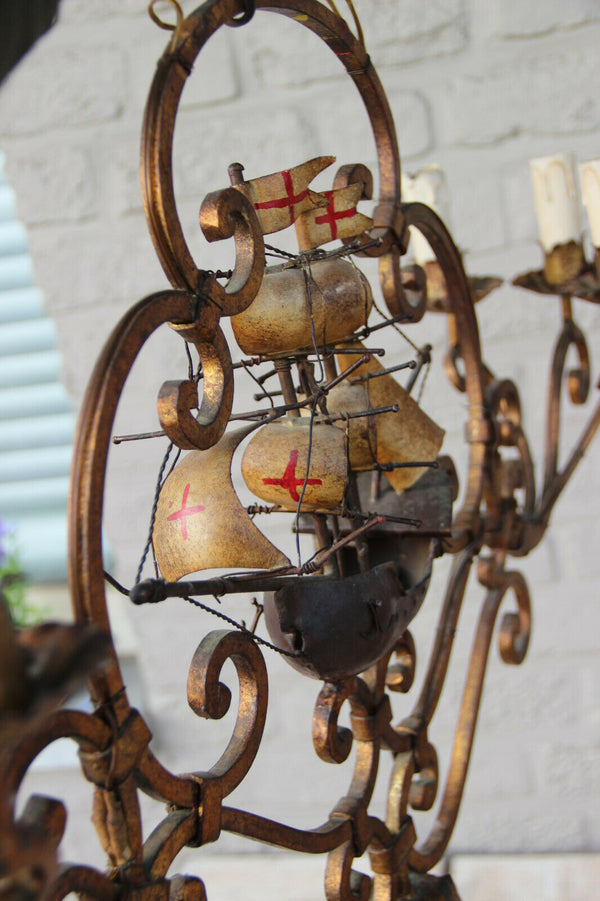 Rare Unusual Antique Bronze French Wrought iron Ship boat chandelier 6 lamps