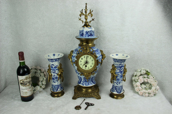 ANTIQUE BOCH Delft blue white pottery bird  pottery Clock Vases lion heads mark