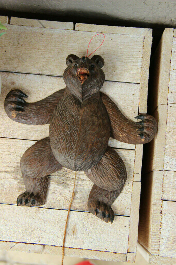 Rare Antique black forest wood carved bear wall strin pull toy