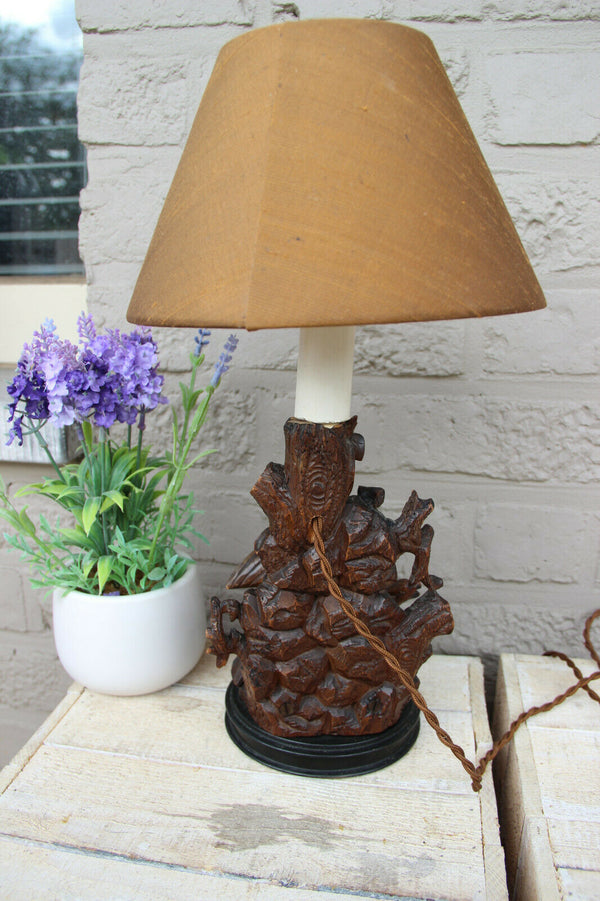 Antique German black forest wood carved Bird table lamp 1900