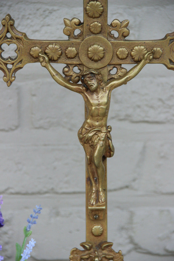 Large Antique French religious bronze crucifix cross putti neo gothic church