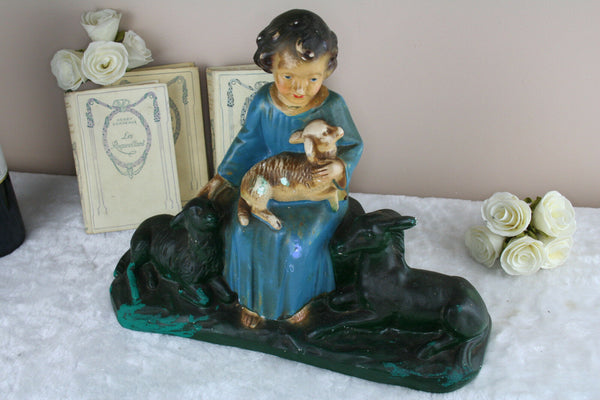 Antique French chalkware religious Lamb girl signed arnova statue sculpture