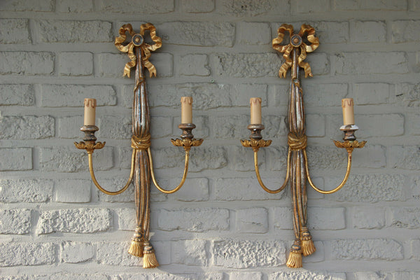 huge pair italian Maison chelini Wood Carved Louis XVI wall sconces lights 1970