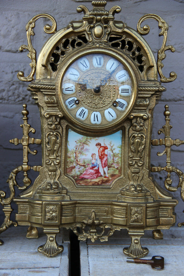 French Bronze porcelain victorian romantic plaque Mantel clock FHS movement