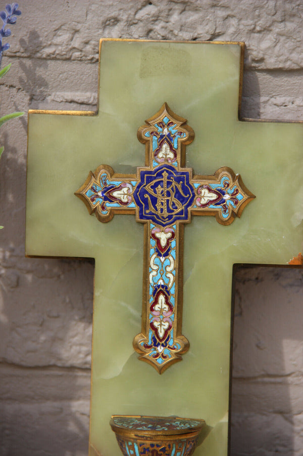 Antique religious Cloisonne enamel onyx marble holy water font crucifix