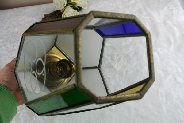 ART DECO french 1930 coloured leaded glass chandelier lantern hexagonal