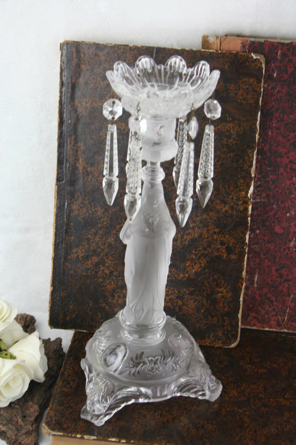 Antique French Religious Glass Madonna Crystal prisms candle holder