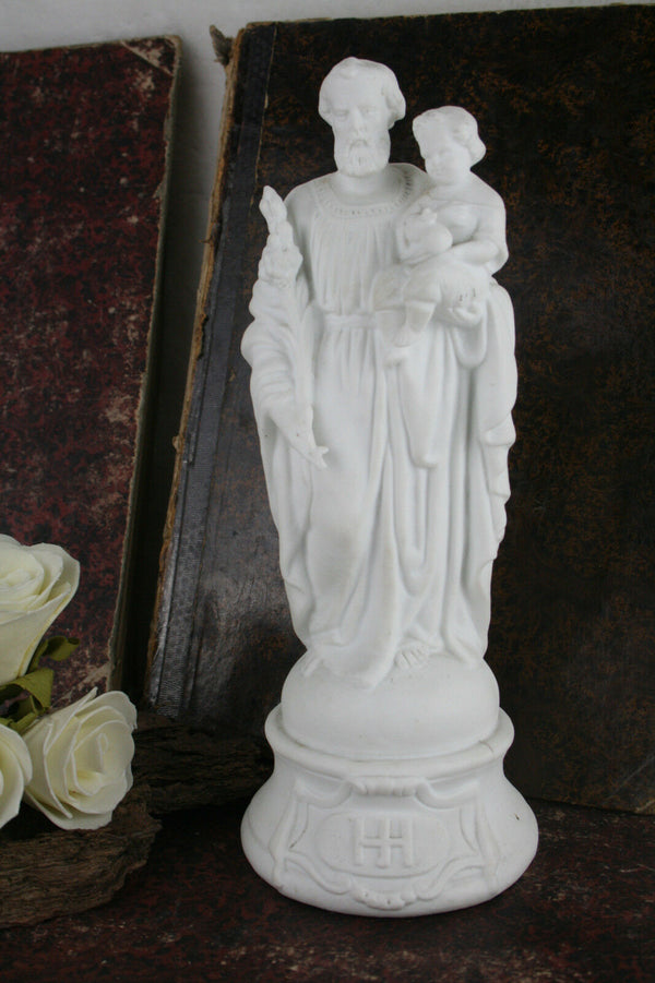 French antique white porcelain bisque Holy Joseph jesus child statue figurine