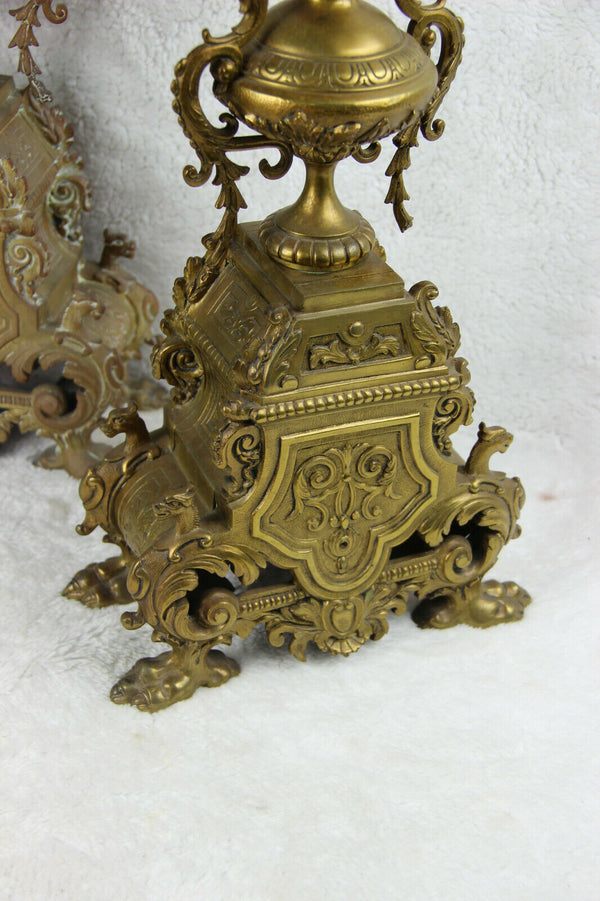 Antique PAIR Huge Bronze dragon gothic Candle holder candelabras lion paws